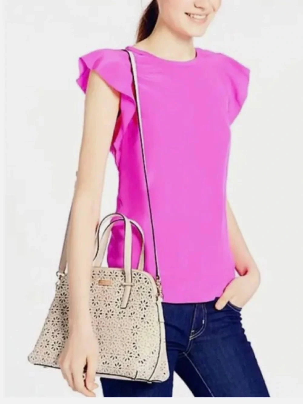 Kate Spade Coral  Cedar Street Perforated Leather “Maise” Floral Crossbody Bag❤️